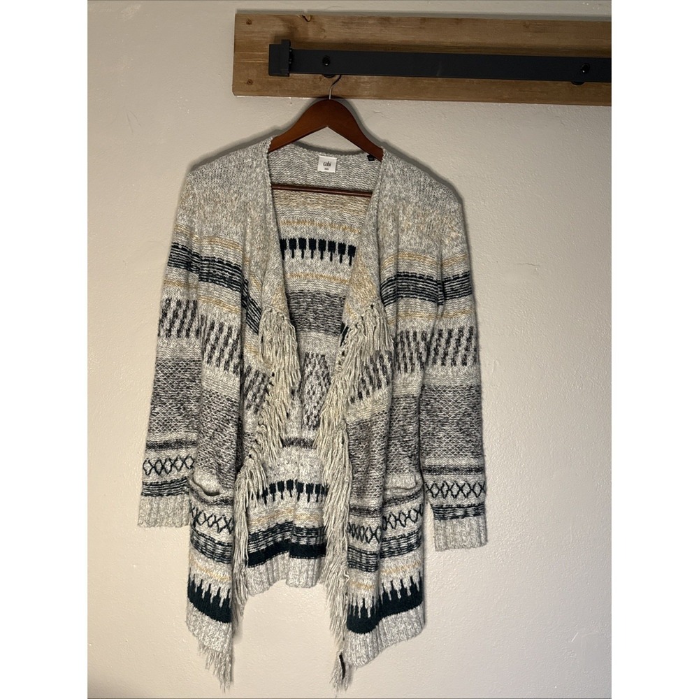 Cabi Horizon Cardigan Women's XXS Aztec Grey Black Tan Fringe Open Front Sweater